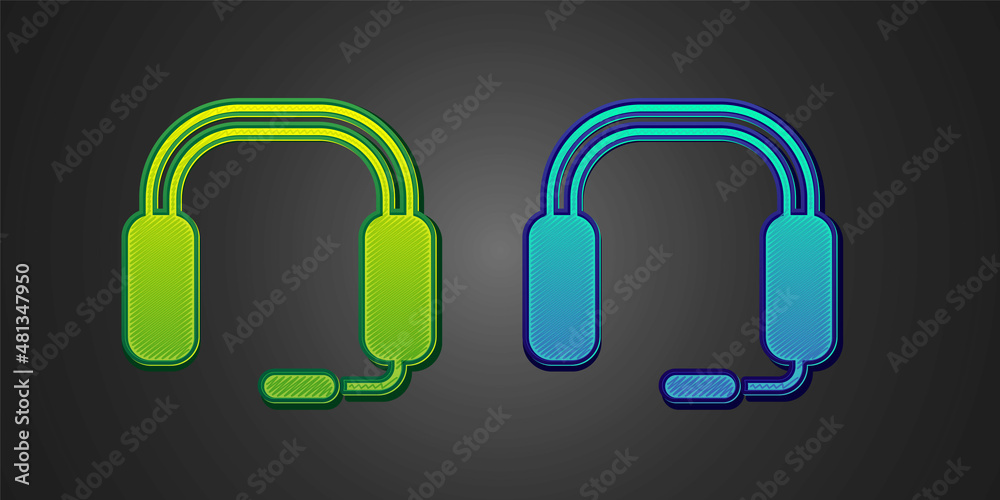 Green and blue Headphones icon isolated on black background. Earphones. Concept for listening to music, service, communication and operator. Vector Green and blue Headphones icon isolated on black background. Earphones. Concept for listening to music, service, communication and operator. Vector