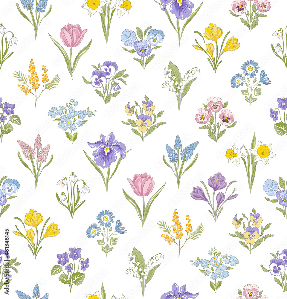 Spring Garden variety flowers hand drawn vector seamless pattern. Vintage Romantic Bloom Ogee repeat design. Cottage core aesthetic floral print for fabric, scrapbook, wrapping, card making