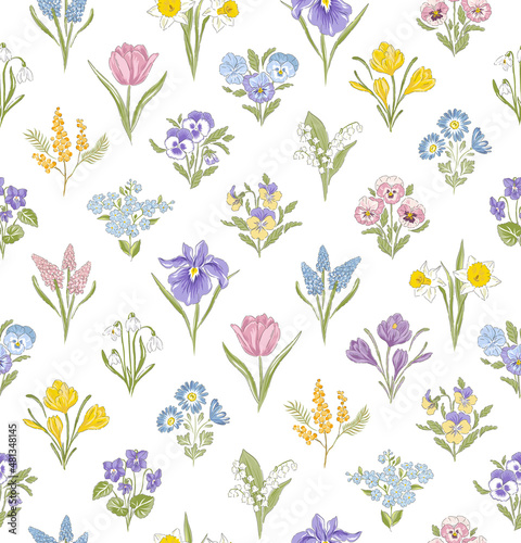 Spring Garden variety flowers hand drawn vector seamless pattern. Vintage Romantic Bloom Ogee repeat design. Cottage core aesthetic floral print for fabric, scrapbook, wrapping, card making