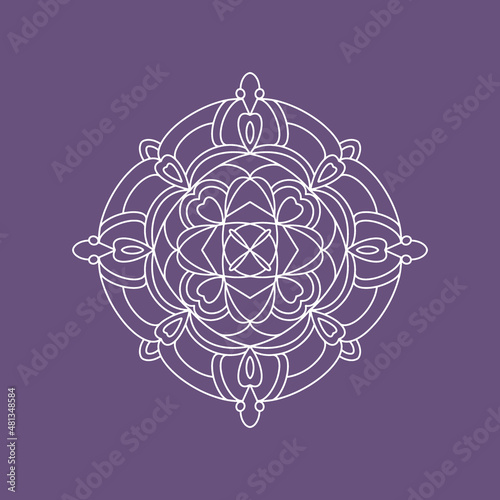 Line ornament mandala. Doodle print isolated on violet background. Geometric line element. Vector illustration.