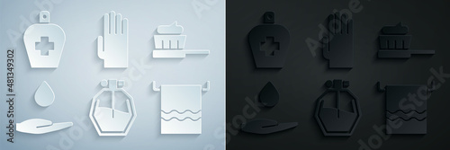 Set Perfume, Toothbrush with toothpaste, Washing hands soap, Towel on hanger, Rubber gloves and Bottle of liquid antibacterial icon. Vector