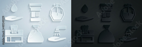 Set Garbage bag, Perfume, Wet wipe pack, Washing hands with soap, Medicine bottle and icon. Vector