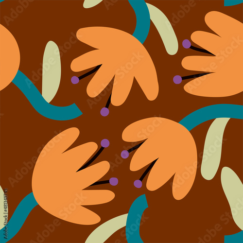 Modern pattern with large abstract flowers on brown background. Cute minimalistic floral print for textiles, wallpaper, wrapping paper.