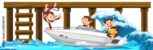 Wooden pier with many monkeys on speedboat