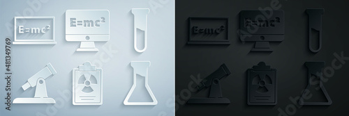Set Radiation warning document, Test tube and flask, Telescope, Equation solution and icon. Vector