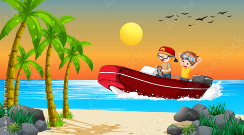 Ocean wave scenery with a boy driving boat with his friends
