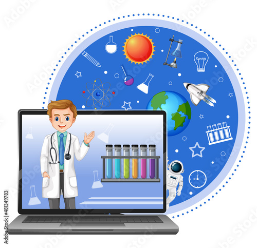 Laptop with scientist and space objects