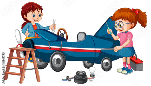 Children repairing a plane together