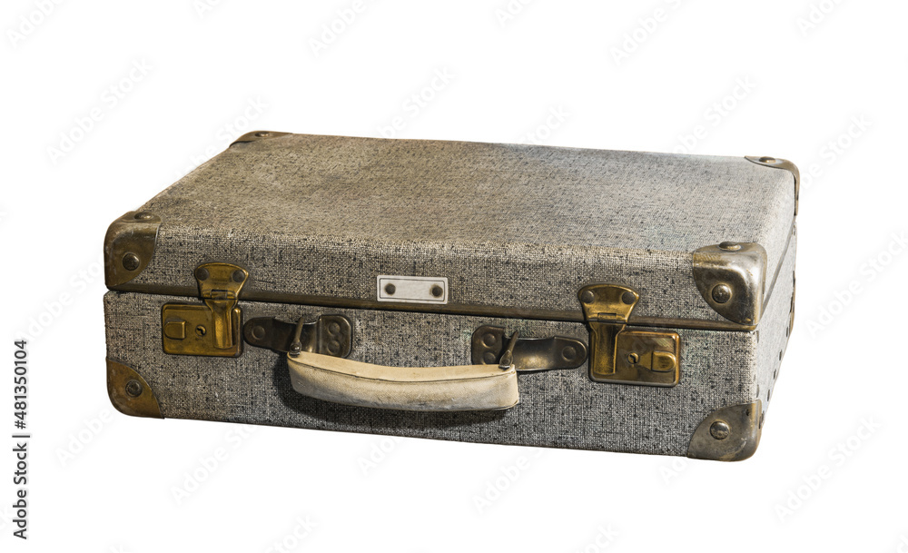 Fotka „A gray, damaged, shabby suitcase with a white handle and metal  corners on a white background. Isolated“ ze služby Stock | Adobe Stock