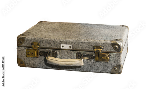 A gray, damaged, shabby suitcase with a white handle and metal corners on a white background. Isolated