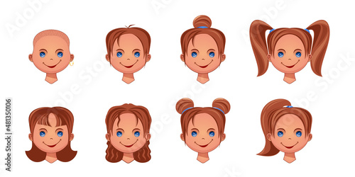 Smiling female face icons set with different hairstyles. Cute girls icons collection. Vector illustration