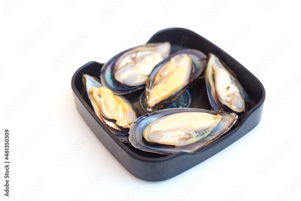 Fresh mussels were put on a black plate and served in Sukiyaki or Shabu buffet restaurant. Fresh mussels were put on a black plate and served in Sukiyaki or Shabu buffet restaurant.