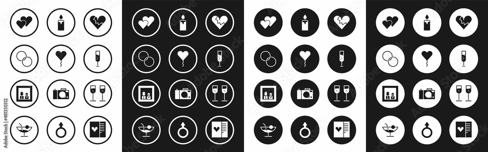 Set Broken heart or divorce, Balloon in form of, Wedding rings, Heart, Glass champagne, Burning candle, and Family photo icon. Vector Set Broken heart or divorce, Balloon in form of, Wedding rings, Heart, Glass champagne, Burning candle, and Family photo icon. Vector