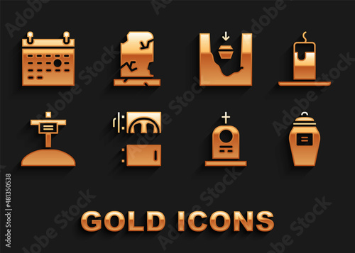 Set Crematorium, Burning candle, Funeral, Grave with tombstone, cross, Coffin grave, Calendar death and Old icon. Vector
