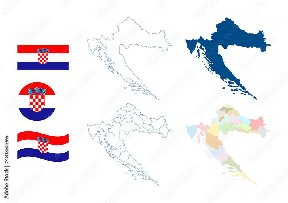Obraz premium Croatia map. Detailed blue outline and silhouette. Administrative divisions and counties. Country flag. Set of vector maps. All isolated on white background. Template for design and infographics.