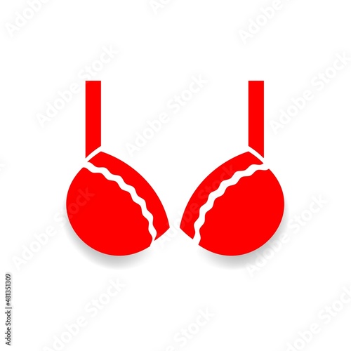 Female lingerie or swimsuit colored icon. Red bra with lace edge. Women underwear. Flat isolated symbol, sign for illustration, logo, app, banner, web design, dev, ui, gui. Vector EPS 10