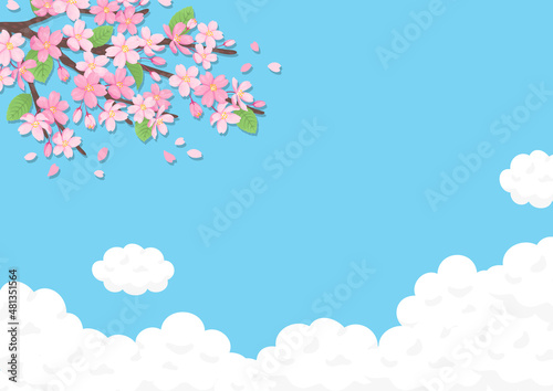 桜の咲く青空の風景のイラスト　デザイン用の背景素材　ベクター画像