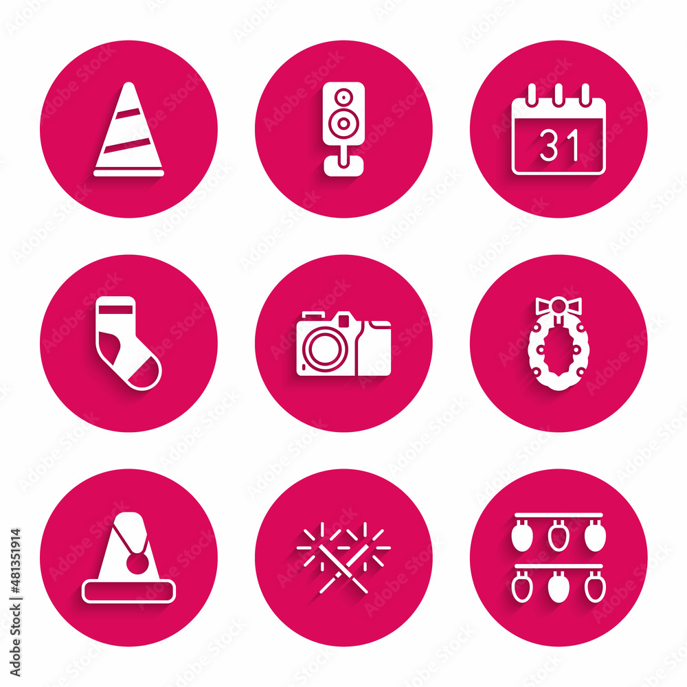 Set Photo camera, Sparkler firework, Christmas lights, wreath, Santa Claus hat, stocking, Calendar and Party icon. Vector