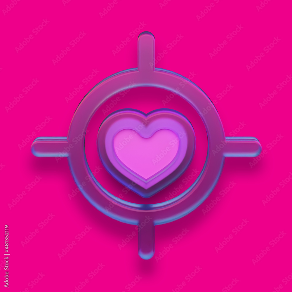 Heart in target and cupid hitting aim. Valentine's day concept icon in plastic or glass design with reflection. Love feelings symbol, emotion relationship. 3D illustration pictogram for mobile app Heart in target and cupid hitting aim. Valentine's day concept icon in plastic or glass design with reflection. Love feelings symbol, emotion relationship. 3D illustration pictogram for mobile app