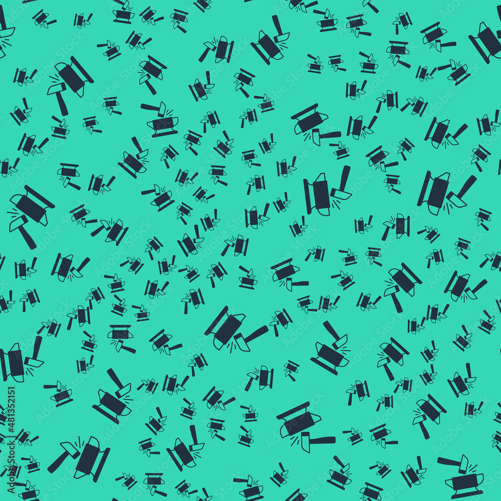 Black Blacksmith anvil tool and hammer icon isolated seamless pattern on green background. Metal forging. Forge tool. Vector