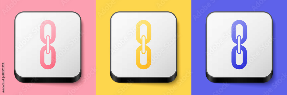 Isometric Chain link icon isolated on pink, yellow and blue background. Link single. Hyperlink chain symbol. Square button. Vector Isometric Chain link icon isolated on pink, yellow and blue background. Link single. Hyperlink chain symbol. Square button. Vector