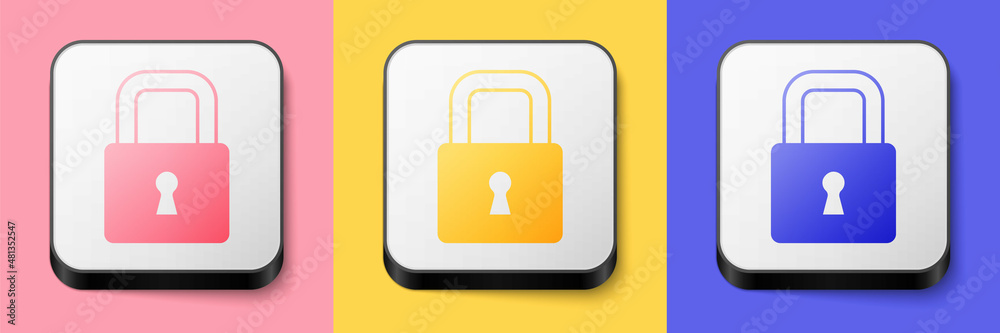 Isometric Lock icon isolated on pink, yellow and blue background. Padlock sign. Security, safety, protection, privacy concept. Square button. Vector Isometric Lock icon isolated on pink, yellow and blue background. Padlock sign. Security, safety, protection, privacy concept. Square button. Vector