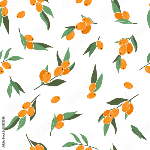 Seamless pattern with orange berry. Abstract fruits in a modern style. Sea buckthorn is a natural vegan print. Vector graphics.