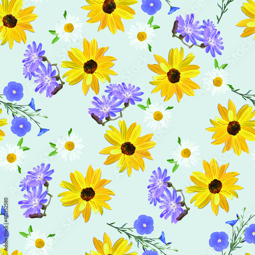 Floral arrangement of flowers of sunflower, chamomile, blue wildflowers, flax, flowers and blossoms linen close up on gray background, seamless floral texture, vector