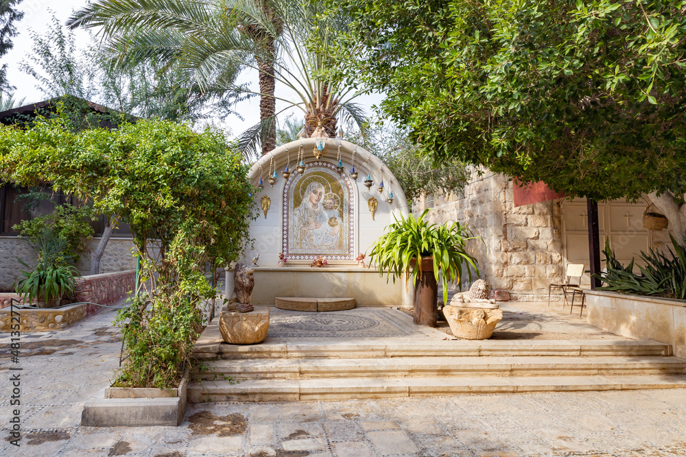 The big altar in the courtyard of the Monastery Deir Hijleh - Monastery of Gerasim of Jordan, in the Palestinian Authority, in Israel