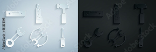 Set Wrench and arrows as workflow, Hammer, spanner, Screwdriver, Stationery knife and Construction bubble level icon. Vector