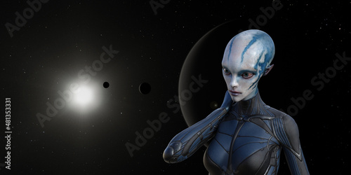3d illustration of a blue and white skin alien standing with her hand behind her head against a deep space background with sun moons planet and stars.