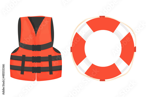 Life jacket and life buoy with rope and belt equipment for safety in cartoon style isolated on white background.  photo