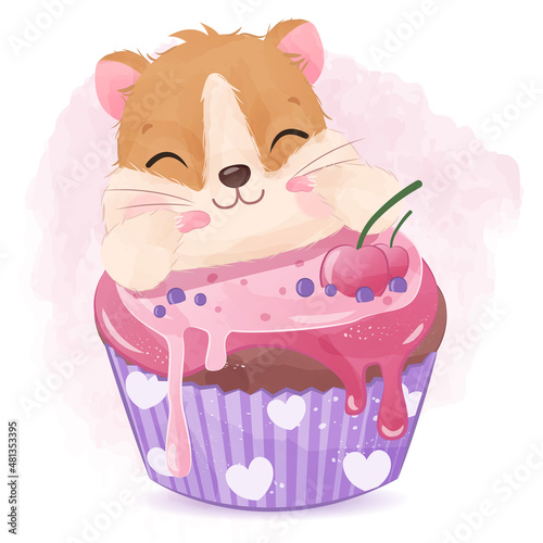 Cute hamster and cup cake in watercolor illustration