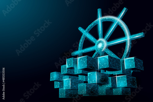 Wheel helm on container computer developer app concept. Business digital open source program. Data coding steering 3D low polygonal vector line illustration