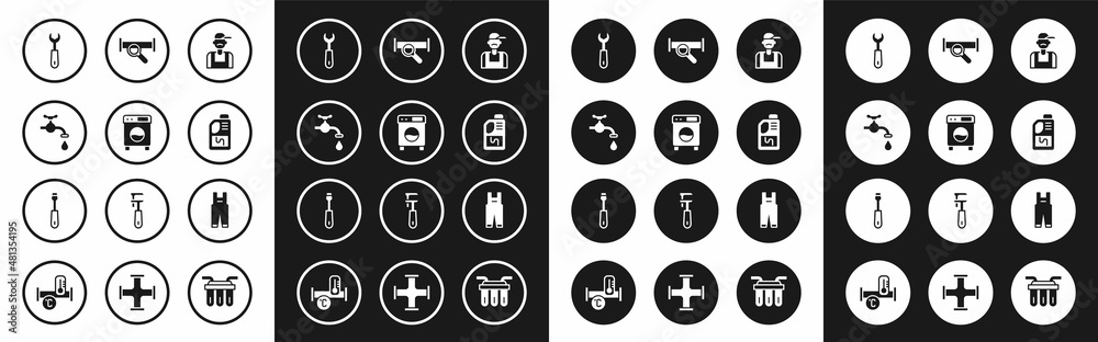 Set Plumber, Washer, Water tap, Wrench spanner, Drain cleaner bottle, Industry metallic pipe, Work overalls and Screwdriver icon. Vector Set Plumber, Washer, Water tap, Wrench spanner, Drain cleaner bottle, Industry metallic pipe, Work overalls and Screwdriver icon. Vector