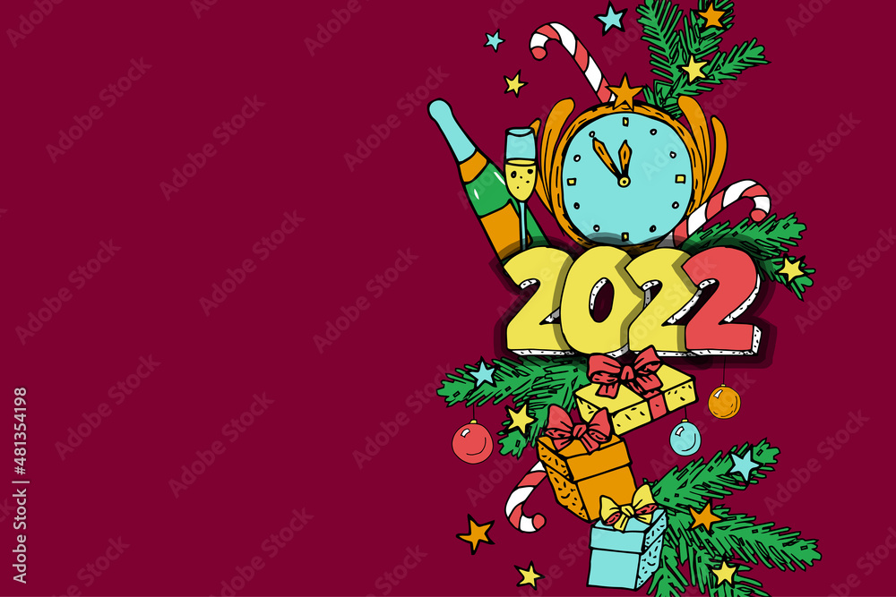 Winter New Year doodle border. Christmas tree party decoration presents champagne. Merry greeting card hand drawing element sketch. Cartoon graphic vector illustration Winter New Year doodle border. Christmas tree party decoration presents champagne. Merry greeting card hand drawing element sketch. Cartoon graphic vector illustration