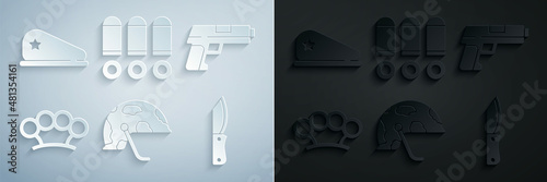 Set Military helmet, Pistol or gun, Brass knuckles, knife, Bullet and beret icon. Vector