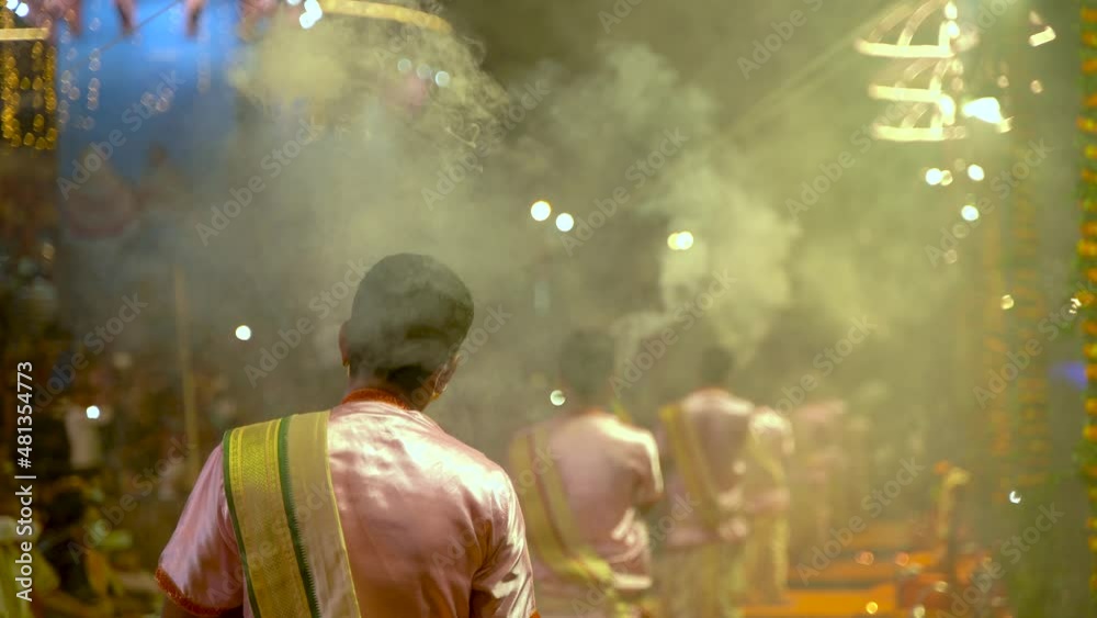 Ganga aarti ceremony rituals were performed by Hindu priests at Dashashwamedh Ghat and Assi Ghat in Varanasi Uttar Pradesh India
