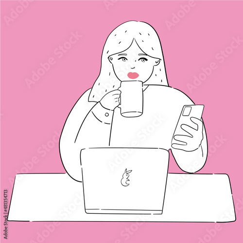 【線画】仕事中、休憩中、コーヒーを飲みに飲みながらスマホを使用する　女性