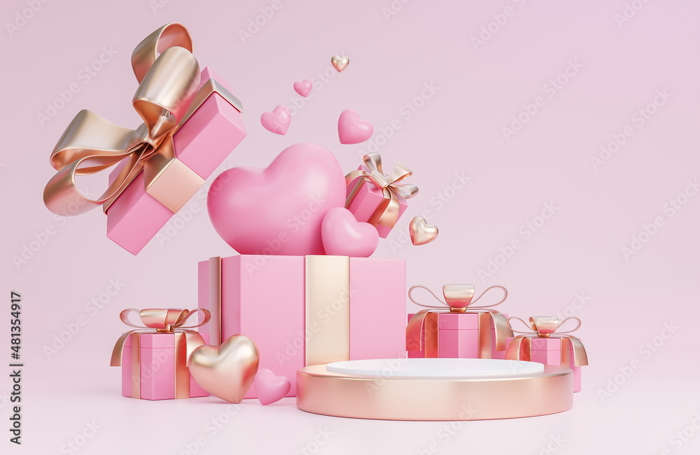 Happy valentine's day with 3d empty podium and romantic valentine decorations on pink background.,3d model and illustration. Happy valentine's day with 3d empty podium and romantic valentine decorations on pink background.,3d model and illustration.