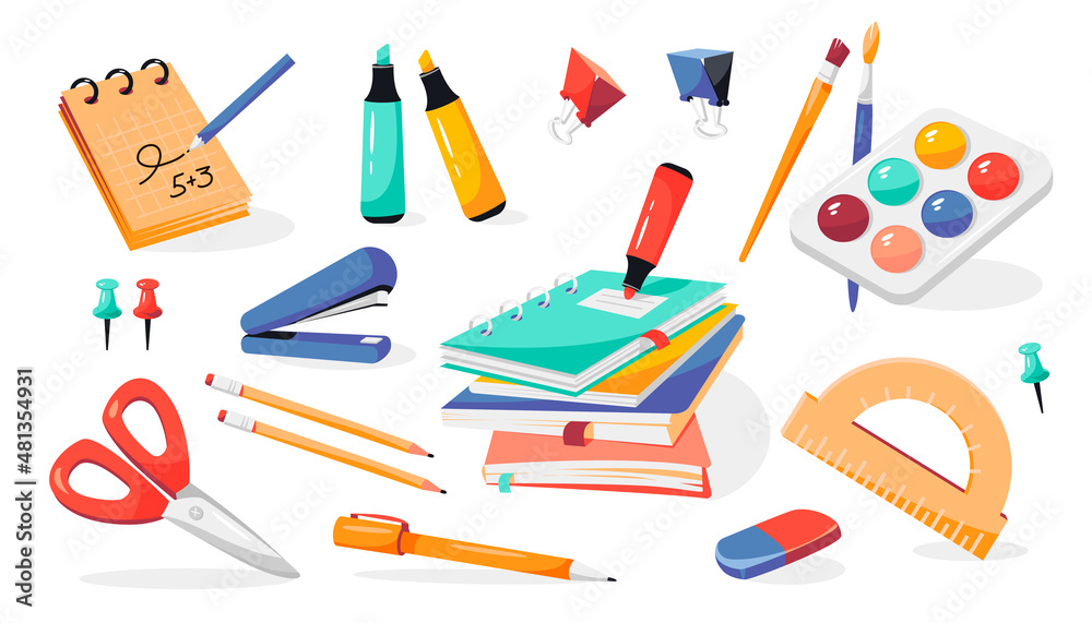 School supplies: notebooks, pens, pencils, eraser, paints, brushes, stapler, scissors, markers, protractor, notepad. Back to school.