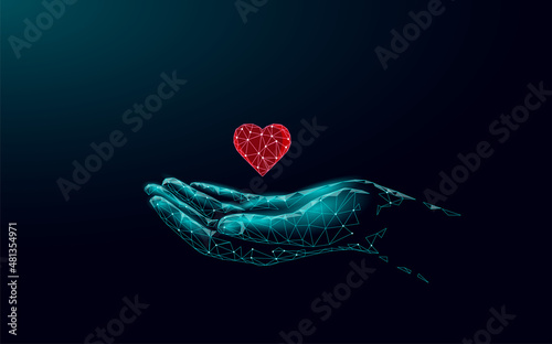 Fundraising giving heart symbol money hand. Charity volunteer giving donate social project. Finance funding dark low poly illustration