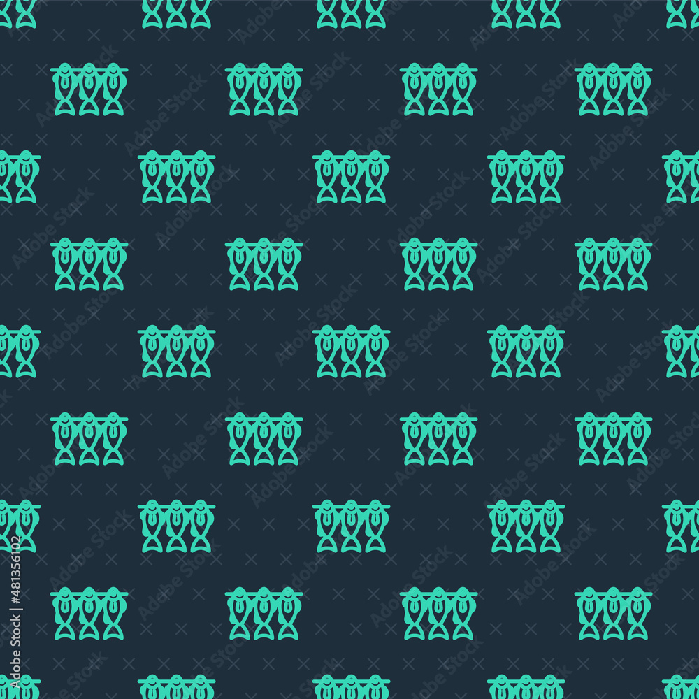 Green line Dried fish icon isolated seamless pattern on blue background. Vector