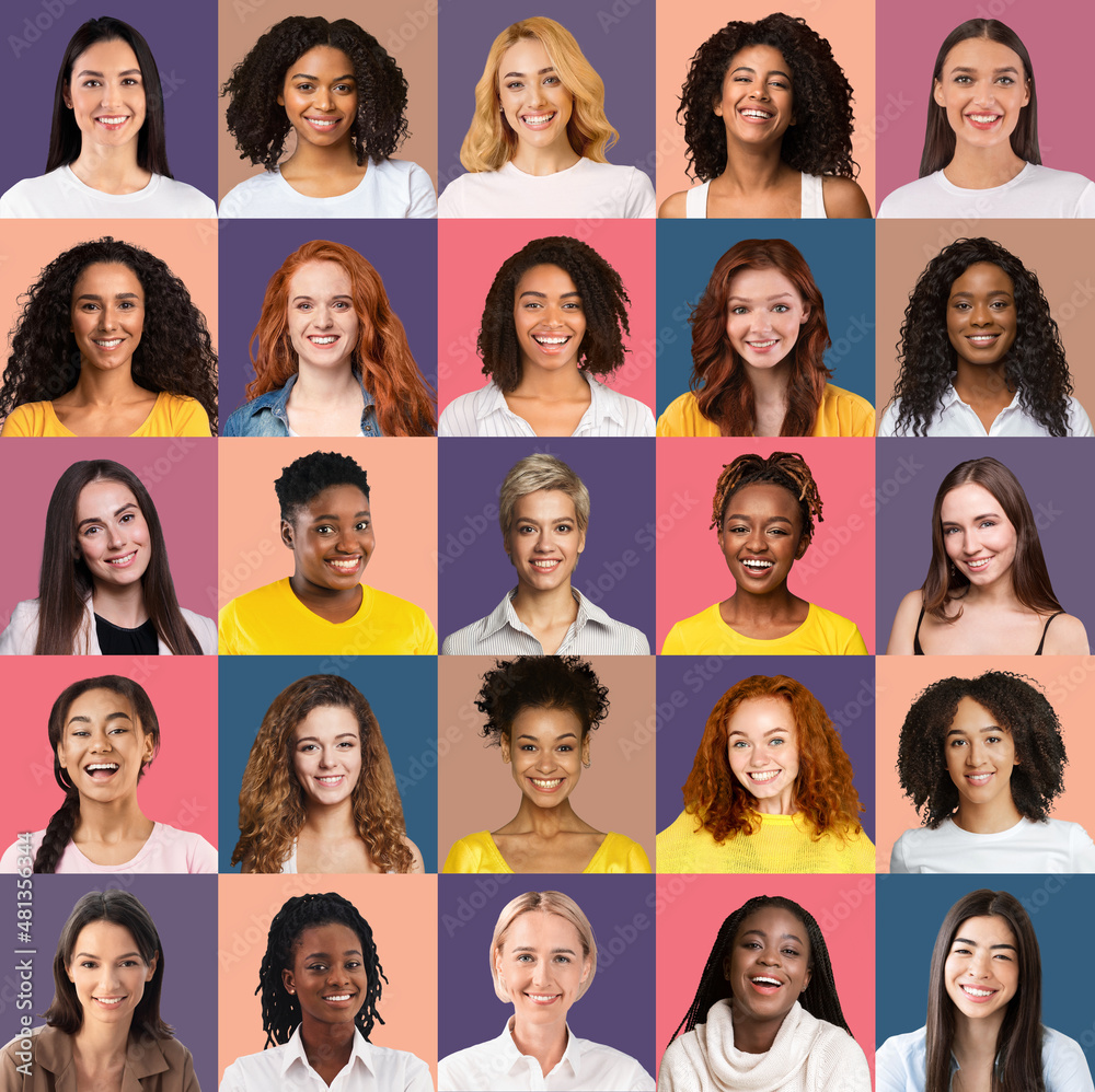 Diverse happy women of different hairstyles and looks portraits, smiling over various background Diverse happy women of different hairstyles and looks portraits, smiling over various background
