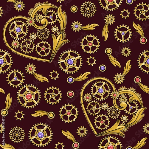 Seamless pattern with heart, golden gears, red, violet, yellow gemstones, victorian elements in steampunk style. Dark red background.