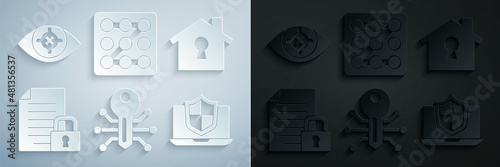 Set Smart key, House under protection, Document and lock, Laptop protected with shield, Graphic password and Eye scan icon. Vector