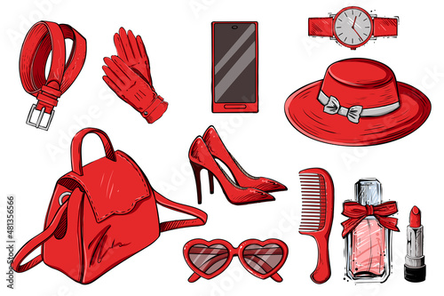 Set of woman accessories, color vector illustration