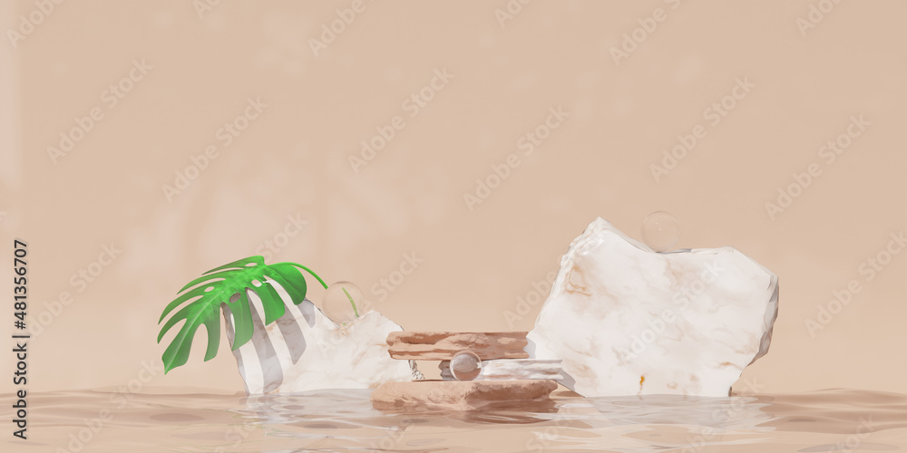 Stone Podium with marble podium on the water for product presentation. Natural beauty pedestal, relaxation and health, 3d illustration Stone Podium with marble podium on the water for product presentation. Natural beauty pedestal, relaxation and health, 3d illustration
