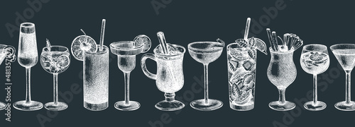 Hand-sketched cocktail illustration Vector sketches of alcoholic drinks in elegant glasses. Popular alcohol cocktails vintage hand-drawing. Perfect banner design for bar or restaurant menu
