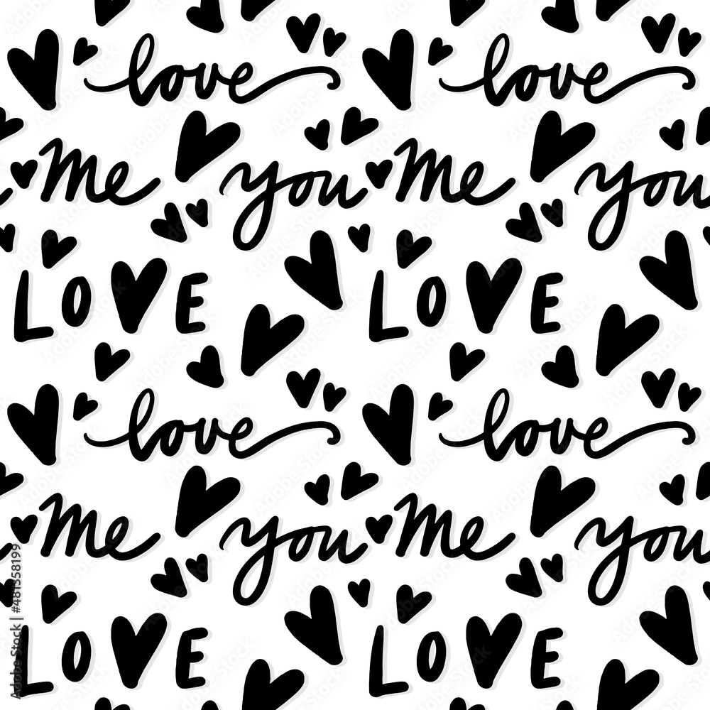 love quotes black hand drawn calligraphic text in horizontal rows with  messy heart shapes romantic lovely vector seamless pattern isolated on  white background Stock Vector | Adobe Stock